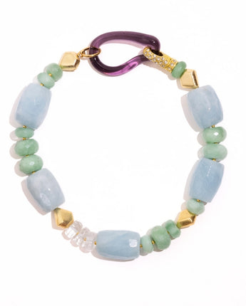 Katerina Psoma Laguna necklace — aquamarine, crystal quartz and green agate beads with a violet Murano glass clasp