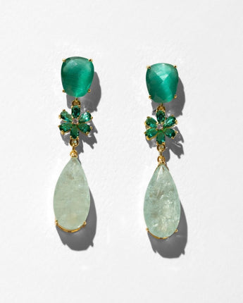 Katerina Psoma Primavera earrings — green cat's eye stud, crystal flower charm and aquamarine doublette drop
