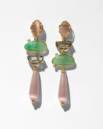 katerina Psoma Eleanor earrings — green agate, smoky crystal and cat's eye drop earrings in a soft palette