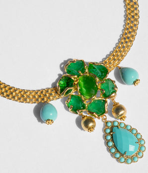 Katerina Psoma Gold plated choker necklace with flower and turquoise drops