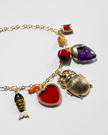 Katerina Psdoma short chain necklace with chars and stones, carnelian amethyst