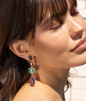 KATERINA PSOMA DANGLE EARRINGS WITH AMETHYST AND CRYSTALS GOLD PLATED