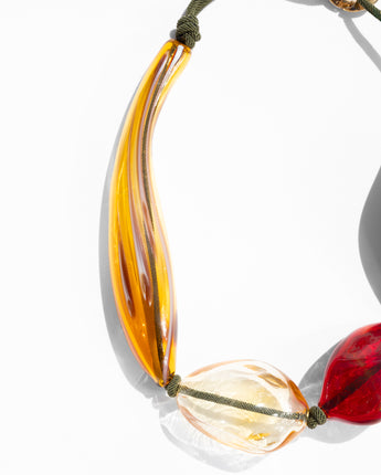 Katerina Psdoma short Necklace with amber, gold, and red Murano beads
