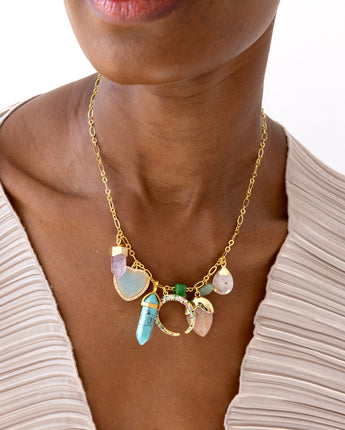 Katerina Psdoma short chain necklace with chars and stones, turquoise sandstone