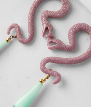 resin snake dangle statement purple earrings and acqua drops katerina psoma