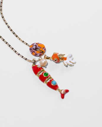 Katerina Psoma Long Necklace with colorful enamel fish pendant