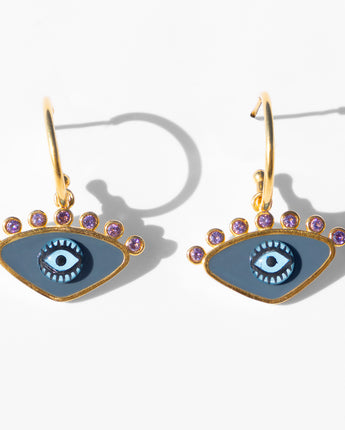 Katerina Psoma gold plated hoops with evil eye enamel grey