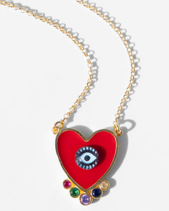 Katerina Psoma Red Evil Eye Heart Necklace gold plated 925 silver and brass with zirconia