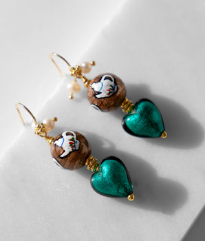 Katerina Psoma Zoe Earrings with Green Murano Heart Beads