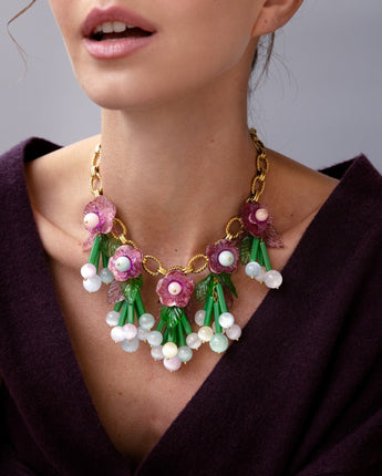 Katerina Psoma short necklace with flowers and green beaded leaves