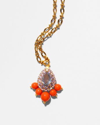 Katerina Psoma Gold necklace with a teardrop-shaped pendant and coral beads