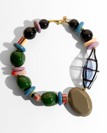 Katerina Psoma Colorful beaded short necklace with various shapes and sizes grey green