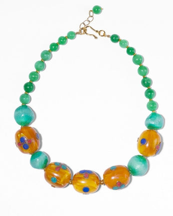 katerina Psoma short necklace with green jade and amber resin adonrned with ethnic motifs
