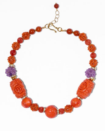 Katerina Psoma short Necklace with orange floral beads and purple flowers