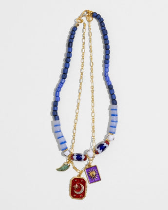 Katerina Psoma double row short Necklace with blue beads and colorful charms