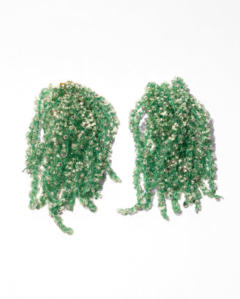 Katerina Posma Flamenco earrings — green sequin fringe on a lace-pattern clip disc