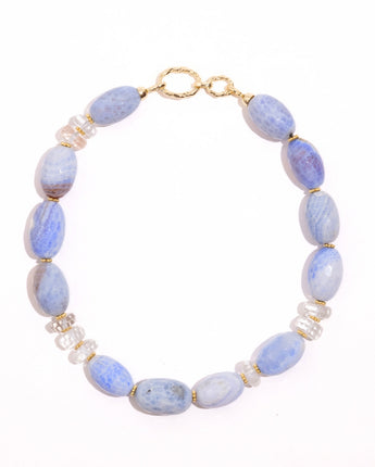 katerina Psoma Laguna necklace — blue agate and crystal quartz beads with a hammered gold clasp