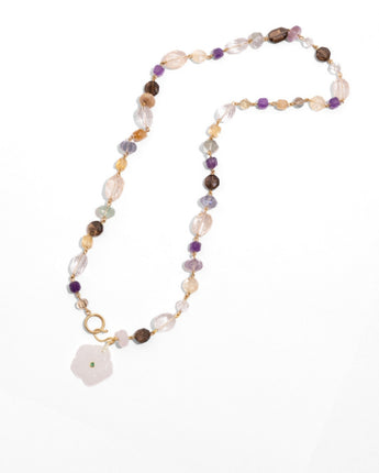 Katerina Psoma Gemma necklace — hand-wired amethyst, smoky quartz, citrine and crystal quartz beads with a carved rose quartz flower pendant