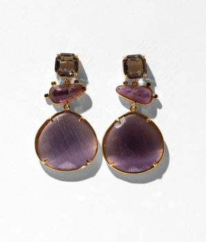 Katerina Psoma grey agated and amethyst cat's eye drop earring with gold plated metal