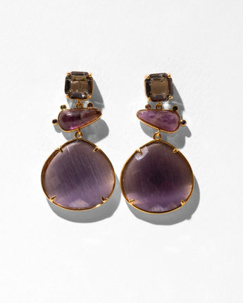 Katerina Psoma grey agated and amethyst cat's eye drop earring with gold plated metal