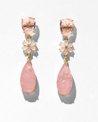 Katerina Psoma Primavera earrings — pink cat's eye stud, crystal flower charm and pink doublette drop