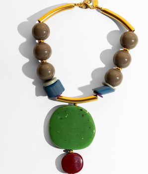 Katerina Psoma Necklace with brown, green, and red beads 