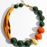 Katerina Psoma Short Murano necklace with green and orange beads and gold accents 