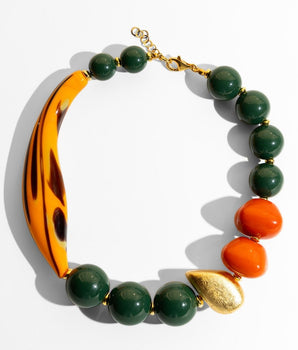Katerina Psoma Short Murano necklace with green and orange beads and gold accents 