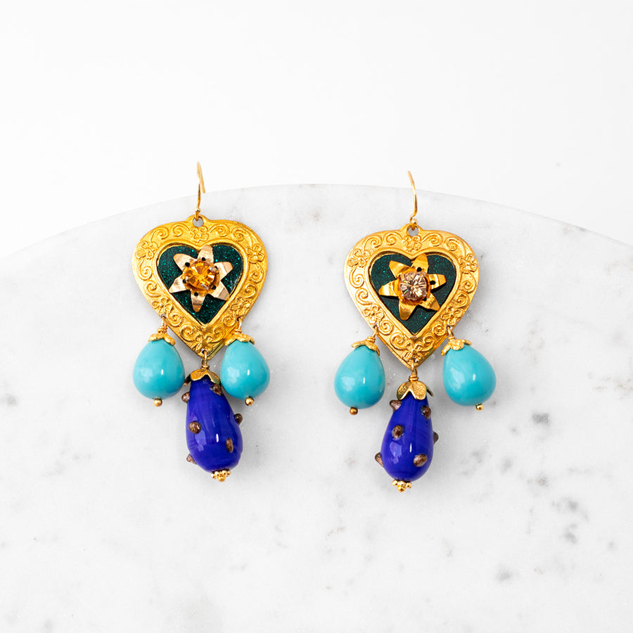 Heart Earrings with Drops gold plated silver and metal