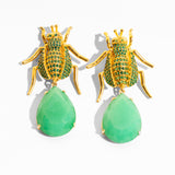 Katerina Psoma Gold beetle-shaped earrings with green teardrop stones 