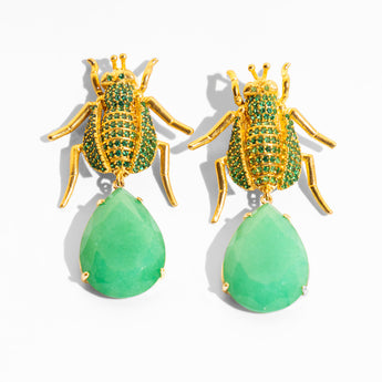 Katerina Psoma Gold beetle-shaped earrings with green teardrop stones 
