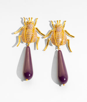 Katerina Psoma Gold insect-shaped earrings with purple teardrop pendants 