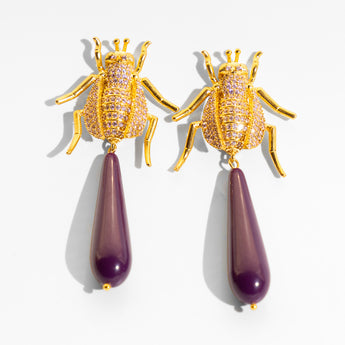 Katerina Psoma Gold insect-shaped earrings with purple teardrop pendants 