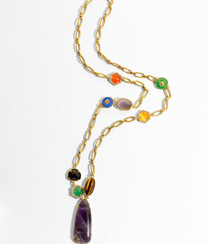 Katerina Psoma long Gold necklace with amethyst and stones