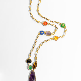 Katerina Psoma long Gold necklace with amethyst and stones