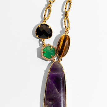 Katerina Psoma long Gold necklace with amethyst and stones