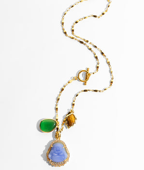Katerina Psoma Ruby Pendant Necklace with puprle carved agate and other charms