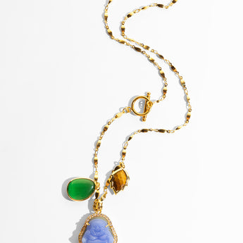 Katerina Psoma Ruby Pendant Necklace with puprle carved agate and other charms