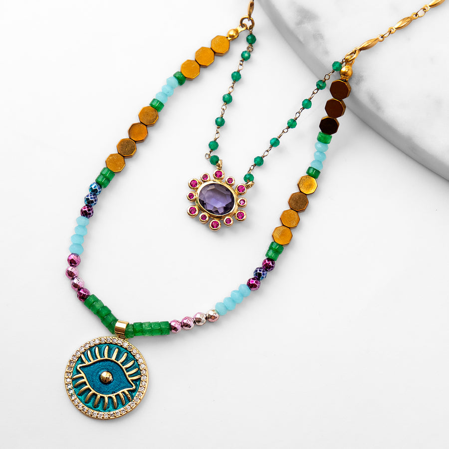Katerina Psoma Evil Eye Double Row Necklace gold plated chain