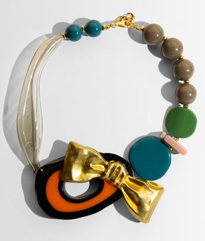 Katerina Psoma  Colorful short necklace with beads and a gold bow 