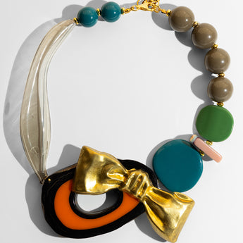 Katerina Psoma  Colorful short necklace with beads and a gold bow 