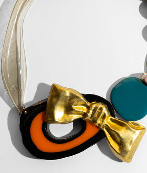 Katerina Psoma  Colorful short necklace with beads and a gold bow 