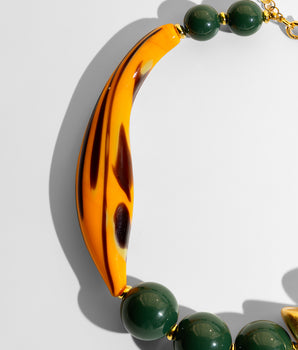 Katerina Psoma Short Murano necklace with green and orange beads and gold accents 