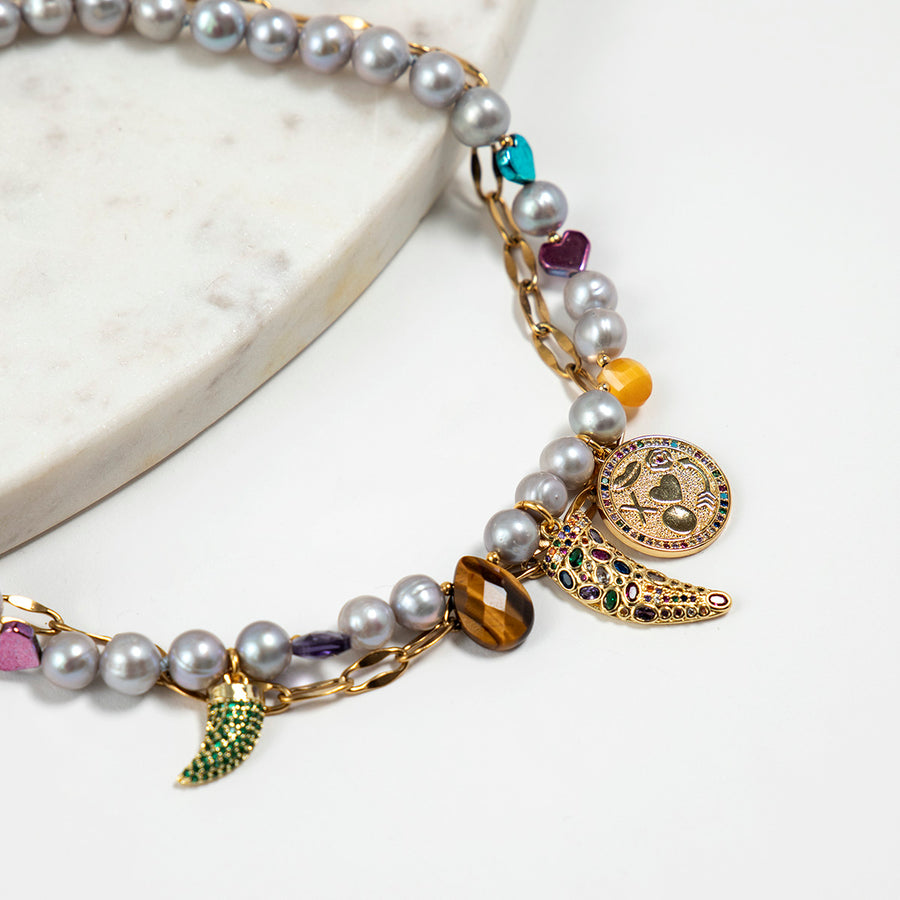 Katerina Psoma Margherite Short Necklace with Grey Pearls