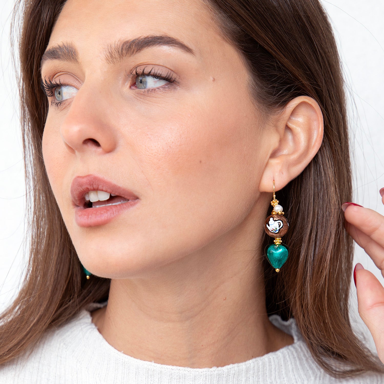 Katerina Psoma Zoe Earrings with Murano Heart Beads in Green