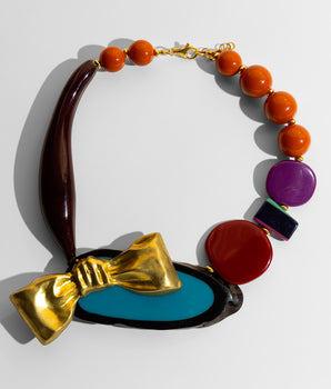 Katerina Psoma  Colorful short necklace with beads and a gold bow 