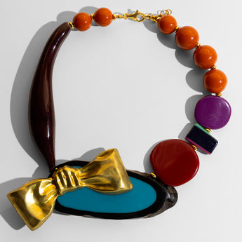 Katerina Psoma  Colorful short necklace with beads and a gold bow 