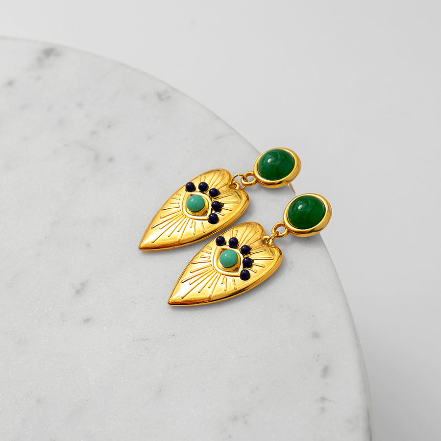 Katerina Psoma Green Heart Dangle Earrings with cabochons