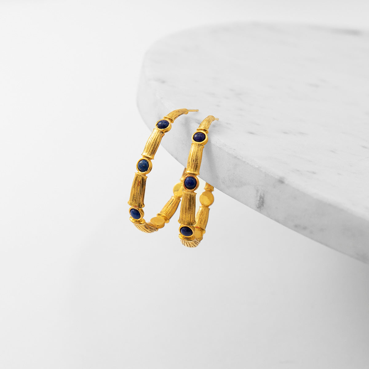 katerina psoma gold plated hoops bamboo with lapis lazuli