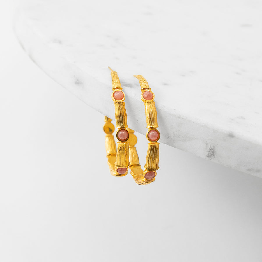 Katerina Psoma Bamboo Hoops with Pink Opal 925 silver and brass metal gold plated
